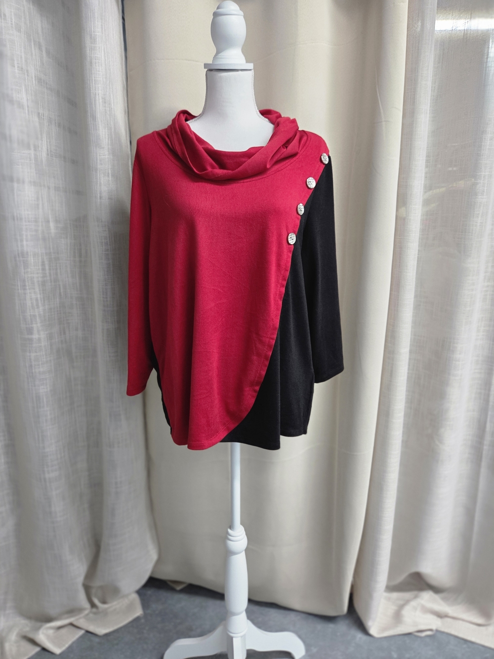 Vintage Rose Colorblock Cowl-Neck Sweater with Button Detail Red Black Size XL
